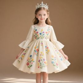 Ivory Floral Embroidered Princess Dress for Kids Girls with Bell Sleeves