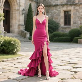 Fuchsia Mermaid Prom Dress: Spaghetti Strap V-Neck Ruffled High Slit Evening Gown