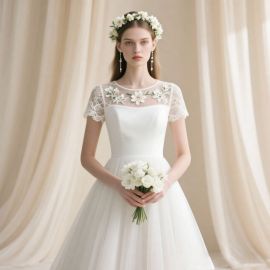 Elegant White Wedding Dress: Lace Short Sleeves, Floral Embroidery, A-Line Tulle Skirt