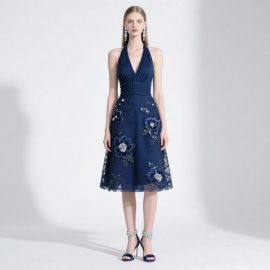Elegant Navy Blue Halter Neck V-Neck Floral Embroidered Lace Midi Dress for Evening Events