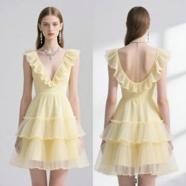 Light Yellow Ruffled V-Neck Backless Tiered Tulle Mini Dress