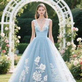 Light Blue Lace & Floral Embroidered Ball Gown - Elegant Wedding/Evening Dress