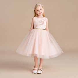 Chic Pink Flower Girl Dress with Tulle Skirt & Floral Appliques for Weddings/Parties