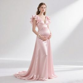 Elegant Pink Maternity Dress with Ruffled Sleeves - Long Gown for Photoshoots & Events