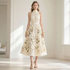 Elegant Halter Neck Floral Embroidered Midi Dress - Chic White Summer Gown