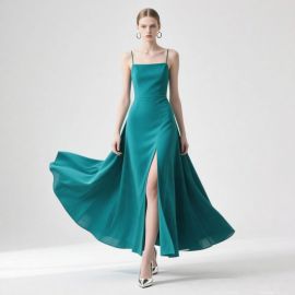 Elegant Teal Spaghetti Strap Maxi Dress with High Slit for Evening Events