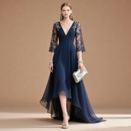 Elegant Navy Blue High-Low Gown with Lace Sleeves & Embroidery Detail