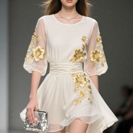 Elegant White Dress with Gold Floral Embroidery & Sheer Sleeves - Waist-Cinching Design