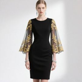 Elegant Black Dress with Gold Embroidered Sheer Bell Sleeves - Formal Wear