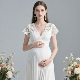 Elegant White Lace Maternity Dress: V-Neck Pleated Gown for Pregnancy