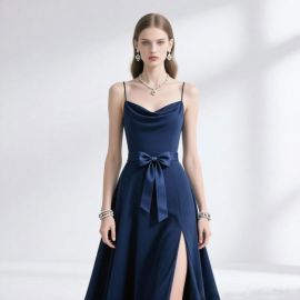 Elegant Navy Blue Spaghetti Strap Gown with Bow & High Slit - Evening Party Dress