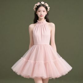 Pink Halter Neck Tiered Tulle Mini Dress - Sweet Summer Party Skater Dress