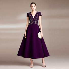 Elegant Purple Midi Dress with Embroidered Floral V-Neck - Formal Evening Gown