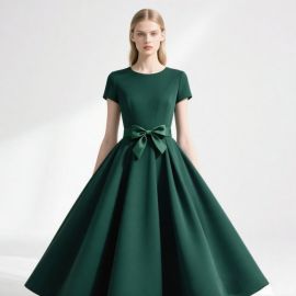 Elegant Emerald Green Short-Sleeve Ball Gown with Bowknot Waist - Vintage Style Dress