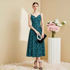 Chic V-Neck Floral Print Spaghetti Strap Midi Dress - Elegant Summer Style