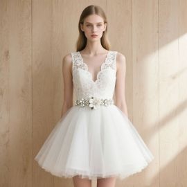 Elegant White Lace V - Neck Short Wedding Dress with Tulle Skirt & Floral Belt