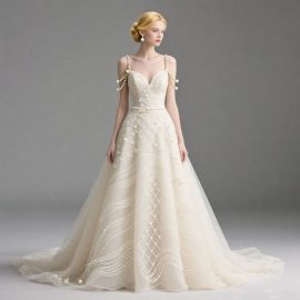 Elegant Pearl Beaded A - Line Wedding Dress with Spaghetti Straps & Train