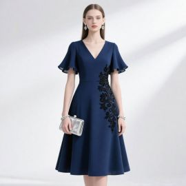 Elegant Navy Blue V-Neck Midi Dress with Black Floral Embroidery & Flutter Sleeves