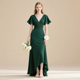 Elegant Dark Green High-Low Hem V-Neck Bridesmaid Dress with Flutter Sleeves