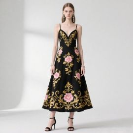 Elegant Black Spaghetti Strap Midi Dress with Gold & Pink Floral Embroidery - Chic Evening Gown