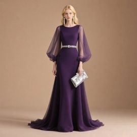 Elegant Purple Sheer Long Sleeve Gown with Rhinestone Waist Belt and Train