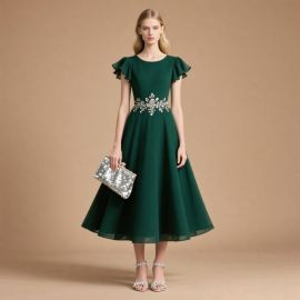 Elegant Dark Green Midi Dress with Ruffled Sleeves & Embellished Waist - Formal Occasion Gown
