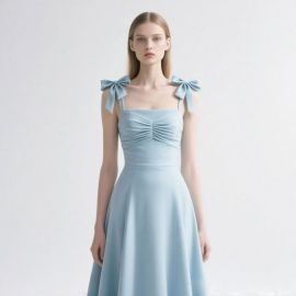 Light Blue Bow Strap Ruched Midi Dress - Elegant Summer Fashion