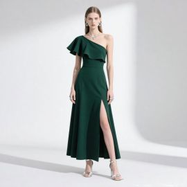 Elegant One - Shoulder Emerald Green Ruffled High - Slit Evening Gown