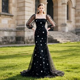 Elegant Black Star Print Mermaid Evening Gown with Sheer Puff Sleeves