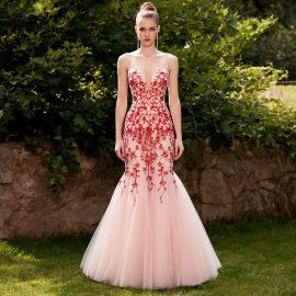 Elegant Pink Mermaid Gown with Red Floral Embroidery & Spaghetti Straps - Formal Event Dress