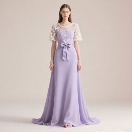 Lavender Lace Embroidered Bow Gown - Elegant Formal Dress