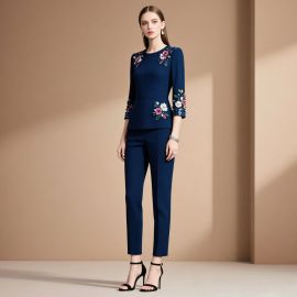 Elegant Navy Blue Women's Suit Set with Floral Embroidery - Chic Office & Occasion Wear