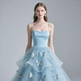 Light Blue Butterfly-Embellished Tulle Prom Gown - Elegant Formal Dress
