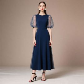 Elegant Navy Blue Midi Dress with Sheer Puff Sleeves - Chic & Sophisticated Women's Fashion