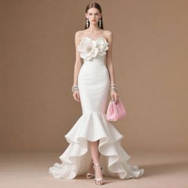 Elegant Strapless White Mermaid Gown with Floral Detail & Ruffled High-Low Hem