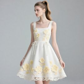 Elegant White Sleeveless Dress with Yellow Floral Embroidery & Lace Hem - Summer Party Fashion