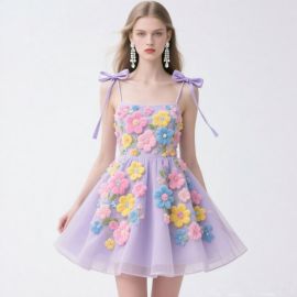 Lavender Floral Embroidered Bow - Strap Short Dress