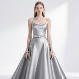 Silver Satin Spaghetti Strap Gown with Embellished Waistband - Elegant Evening Dress