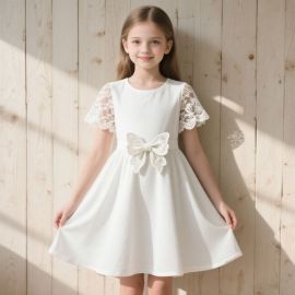 Elegant White Kids Dress: Lace Short Sleeves & Butterfly Bow for Summer Events