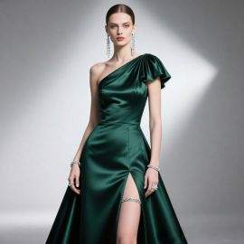 Elegant Emerald Green One-Shoulder Satin Gown with High Slit - Evening Party Dress