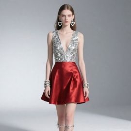 Glamorous Sequined Deep V-Neck Mini Satin Party Dress - Red & Silver Sparkle