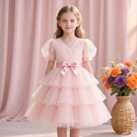 Charming Girls Pink Tulle Dress with Puff Sleeves & Bowknot - Perfect for Party, Wedding, Birthday