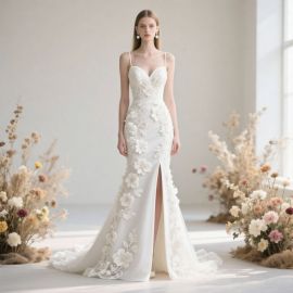 Elegant Spaghetti Strap Heart-Neckline Wedding Dress with 3D Floral Embroidery & High Slit