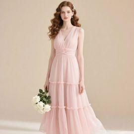 Romantic Pink Chiffon Tiered Maxi Dress - V-Neck Sleeveless Bridesmaid Gown