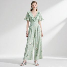 Mint Green Floral Print Ruffled V-Neck Wide-Leg Jumpsuit