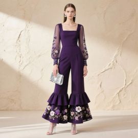 Chic Purple Square Neck Jumpsuit: Embroidered Sheer Sleeves & Ruffled Floral Hem Pantsuit