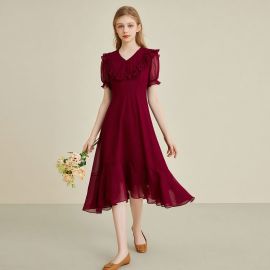 Wine Red Ruffled Collar Short Sleeve Flowy Midi Dress