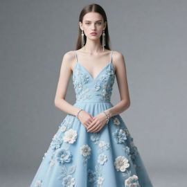 Elegant Light Blue Floral Embroidered Spaghetti Strap Ball Gown Dress