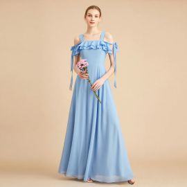 Light Blue Off - Shoulder Ruffled Long Dress with Tie Straps for Bridesmaids or Summer Events