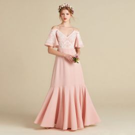 Elegant Pink Off-Shoulder Lace Mermaid Gown for Weddings & Events